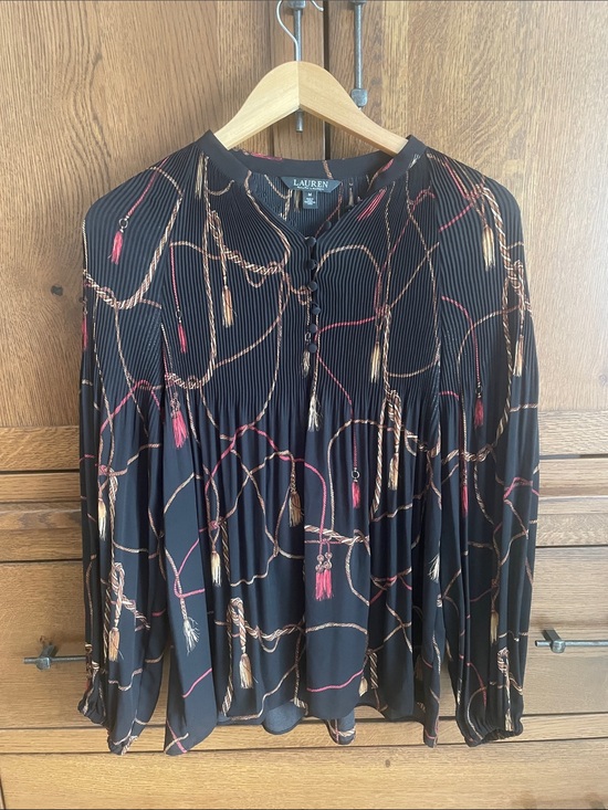 Lauren Ralph Lauren Tops - LAUREN Ralph Lauren Black Tassel-Print Pleated Button-Front Blouse